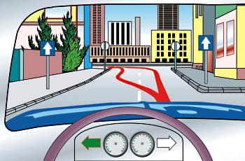 מבט מתוך רכב על כביש דו-נתיבי עם קו הפרדה מקווקו. על הכביש מסומן בקו אדום מסלול נסיעה המתחיל בנתיב הימני ועובר לנתיב השמאלי. בלוח המחוונים של הרכב דולק חץ ירוק המאותת על פנייה שמאלה.