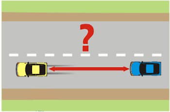 באיור רואים מבט-על של כביש. בנתיב נסיעה אחד נמצאים שני כלי רכב, רכב כחול מלפנים ורכב צהוב מאחוריו. בין שני הרכבים מסומן חץ אדום דו-כיווני, ומעליו סימן שאלה אדום גדול.