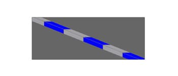 אבן שפה של מדרכה הצבועה לסירוגין במקטעים. המקטעים צבועים בצבע כחול ובצבע אפור.