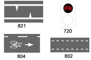 התמונה מציגה ארבעה סימונים ותמרורים:
1.  **סימון 804:** סמל של אופניים וחץ לבן הפונה ימינה, מסומנים על הכביש.
2.  **תמרור 720:** רמזור אנכי עם סמל אופניים אדום דולק בעיגול העליון.
3.  **סימון 802:** שני קווים מקוטעים לבנים ומקבילים.
4.  **סימון 821:** שני קווים רצופים לבנים ומקבילים, שביניהם משולשים לבנים.