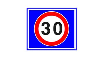 תמרור מרובע כחול, שבמרכזו תמרור עגול עם מסגרת אדומה, רקע לבן, והמספר 30 כתוב בשחור.