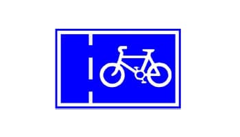 תמרור מלבני כחול. בצדו הימני מופיע סמל של אופניים בצבע לבן, ובצדו השמאלי קו הפרדה מקווקו לבן.