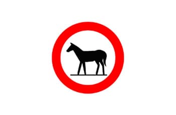 תמרור עגול עם מסגרת אדומה. במרכז התמרור יש צללית שחורה של סוס עומד, ללא רוכב או עגלה.