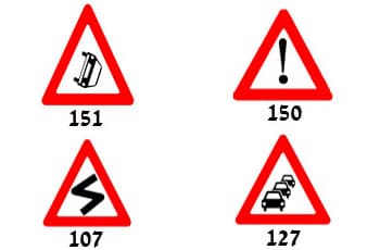 בתמונה מוצגים ארבעה תמרורי אזהרה משולשים עם מסגרת אדומה.
תמרור 151 מציג רכב הפוך על צידו.
תמרור 150 מציג סימן קריאה.
תמרור 107 מציג כביש מפותל.
תמרור 127 מציג שיירת מכוניות.