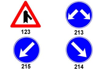 בתמונה מוצגים ארבעה תמרורים.
תמרור 123 הוא משולש אזהרה עם מסגרת אדומה, המציג כביש ראשי עם השתלבות של דרך צדדית מימין.
שלושת התמרורים האחרים (213, 214, 215) הם עיגולים כחולים עם חצים לבנים: תמרור 213 מציג שני חצים הפונים באלכסון החוצה, תמרור 214 מציג חץ הפונה באלכסון ימינה ולמטה, ותמרור 215 מציג חץ הפונה באלכסון שמאלה ולמטה.