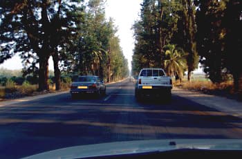 התמונה מציגה כביש דו-סטרי עם שני נתיבים, המופרדים באמצעות קו הפרדה רצוף לבן. רכב פרטי כהה נמצא בנתיב השמאלי, כשהוא עוקף טנדר לבן הנוסע בנתיב הימני.