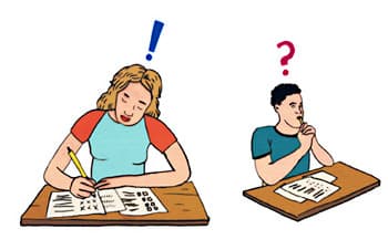 איור של נערה ונער היושבים ליד שולחנות נפרדים ועונים על מבחן בכתב. מעל ראשה של הנערה, הכותבת בביטחון, מופיע סימן קריאה כחול. מעל ראשו של הנער, הנראה מהורהר ומבולבל, מופיע סימן שאלה אדום.