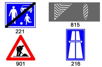 בתמונה מוצגים ארבעה תמרורים.
תמרור 221 הוא ריבוע כחול עם צלליות לבנות של מבוגר, ילד עם כדור ורכב, וקו אלכסוני שחור חוצה אותו.
תמרור 901 הוא משולש אזהרה עם מסגרת אדומה וצללית שחורה של פועל חופר.
תמרור 216 הוא מלבן כחול עם סמל לבן של דרך מהירה, ותמרור 815 הוא מלבן אפור עם סימוני דרך לבנים.