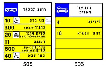 בתמונה שני תמרורים מלבניים, 505 ו-506.
בתמרור 505 מופיע סמל של אוטובוס בחלקו העליון.
בתמרור 506 מופיע סמל של רכבת קלה בחלקו העליון.
