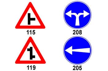 בתמונה מוצגים ארבעה תמרורים.
שני תמרורי אזהרה משולשים עם מסגרת אדומה: תמרור 115 מציג צומת T עם הסתעפות ימינה, ותמרור 119 מציג צומת עם הסתעפויות מדורגות לימין ואז לשמאל.
שני תמרורי הוריה עגולים וכחולים: תמרור 208 מציג התפצלות לימין ולשמאל, ותמרור 205 מציג חץ לבן הפונה שמאלה.