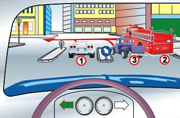 בתמונה נראה כביש עם שני נתיבים המופרדים על ידי אי תנועה, ועליו שני תמרורים עגולים וכחולים. התמרור בנתיב השמאלי מורה על נסיעה ישר, והתמרור בנתיב הימני מורה על פנייה ימינה. בנתיב השמאלי נמצא רכב פרטי בהיר (1) ועל הכביש לידו מסומן חץ אדום הפונה ימינה, בעוד שבנתיב הימני נמצאים כבאית (2) וטנדר סגול (3).