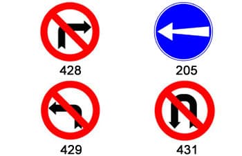 בתמונה מוצגים ארבעה תמרורים.
תמרור 428 הוא תמרור איסור עגול אדום עם חץ שחור המורה על פנייה ימינה.
תמרור 205 הוא תמרור הוריה עגול כחול עם חץ לבן הפונה שמאלה.
תמרור 429 הוא תמרור איסור עגול אדום עם חץ שחור המורה על פנייה שמאלה.
תמרור 431 הוא תמרור איסור עגול אדום עם חץ שחור המורה על פניית פרסה.