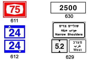 בתמונה מוצגים ארבעה תמרורים:
תמרור 611 הוא מלבן אדום עם המספר 75 בתוך צורת מגן לבנה.
תמרור 612 מורכב משני ריבועים כחולים, אחד מעל השני, עם המספר 24 וחצים.
תמרור 630 הוא מלבן לבן עם המספר 2500.
תמרור 629 הוא צירוף של שלושה שלטים, הכוללים את הכיתוב "שוליים צרים", המספר 5.2, והמילה "מערב".